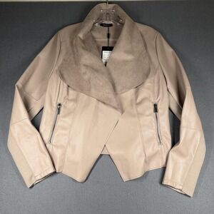 Escalier Jacket Womens Large Beige Faux Leather Draped Collar Moto Open Front